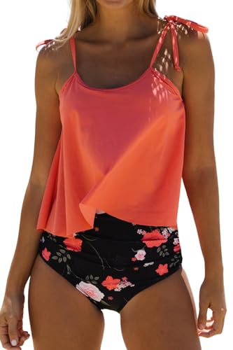 Beachsissi Damen Badeanzüge mit Hoher Taille Zweiteilig Blumendruck Gerafftes Tankini Sets, Orange, L von Beachsissi