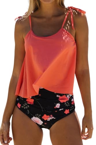 Beachsissi Damen Badeanzüge mit Hoher Taille Zweiteilig Blumendruck Gerafftes Tankini Sets, Orange, XL von Beachsissi