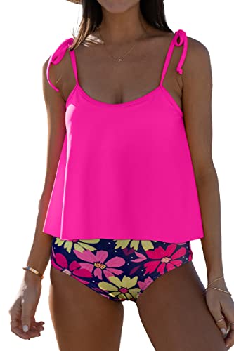 Beachsissi Damen Badeanzüge mit Hoher Taille Zweiteilig Blumendruck Gerafftes Tankini Sets, Rosa, XL von Beachsissi