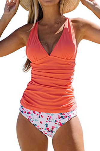 Beachsissi Damen-Badeanzüge mit niedlichem Blumenmuster, V-Ausschnitt, Bauchkontrolle, Tankini-Set, blumenmuster, X-Large von Beachsissi