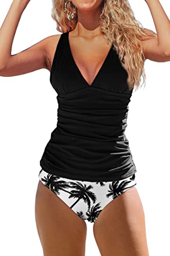 Beachsissi Damen-Badeanzüge mit niedlichem Blumenmuster, V-Ausschnitt, Bauchkontrolle, Tankini-Set, schwarz, Medium von Beachsissi