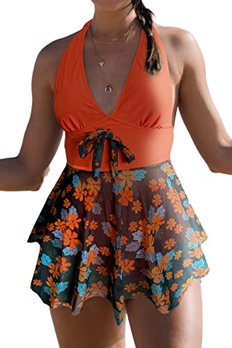 Beachsissi Damen Badebekleidung mit Blumendruck und V Ausschnitt Halfter Mesh Patchwork Zweiteilige Tankini Sets, Orange, S von Beachsissi