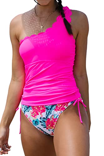 Beachsissi Damen Badebekleidung mit Hoher Taille Kordelzug Zweiteiler One Shoulder Verstellbares Tankini Sets, Rosa, L von Beachsissi