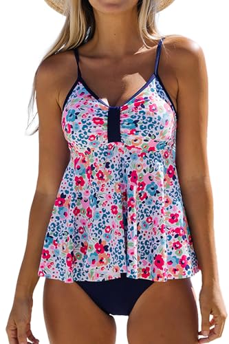 Beachsissi Damen Badebekleidung mit Tierblumendruck Rüschen Patchwork Verstellbar Zweiteilige Tankini Sets, Marineblau, M von Beachsissi