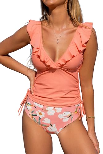 Beachsissi Damen Bademode Zweiteiler mit Rüschen Schulterpartie V Ausschnitt Blumen Tankini Sets, Lachsfarbe, L von Beachsissi