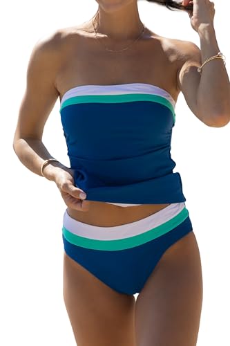 Beachsissi Damen Bauchkontrollierender Einfarbiges Trägerloses Blockfarben Tankini Set, Blau, S von Beachsissi