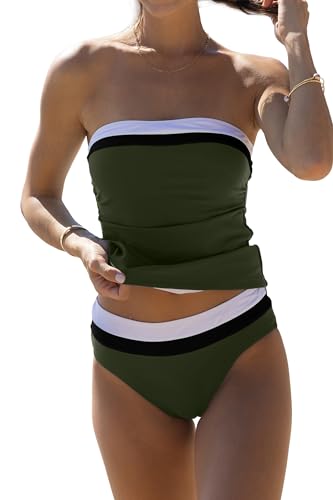 Beachsissi Damen Bauchkontrollierender Einfarbiges Trägerloses Blockfarben Tankini Set, Dunkelgrün, L von Beachsissi