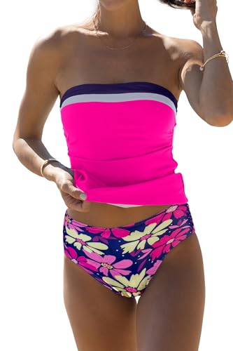 Beachsissi Damen Bauchkontrollierender Einfarbiges Trägerloses Blockfarben Tankini Set, Dunkelpink, L von Beachsissi