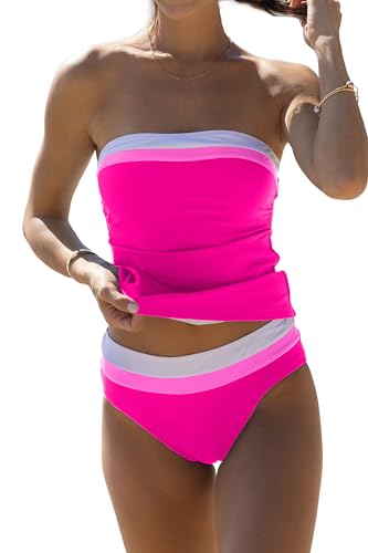 Beachsissi Damen Bauchkontrollierender Einfarbiges Trägerloses Blockfarben Tankini Set, Dunkelrosa, L von Beachsissi
