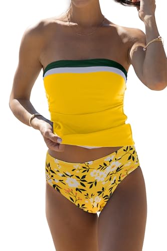 Beachsissi Damen Bauchkontrollierender Einfarbiges Trägerloses Blockfarben Tankini Set, Gelb, L von Beachsissi