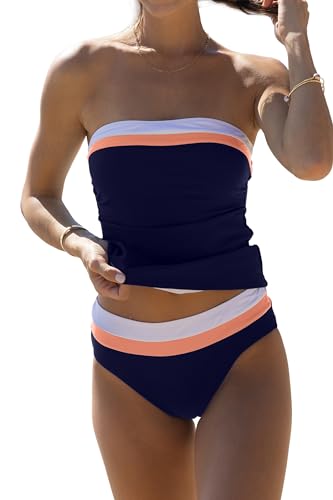 Beachsissi Damen Bauchkontrollierender Einfarbiges Trägerloses Blockfarben Tankini Set, Navy blau, XL von Beachsissi