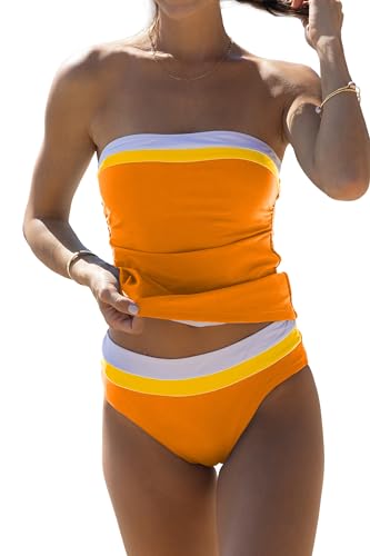 Beachsissi Damen Bauchkontrollierender Einfarbiges Trägerloses Blockfarben Tankini Set, Orange, S von Beachsissi