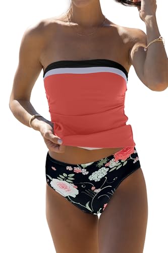 Beachsissi Damen Bauchkontrollierender Einfarbiges Trägerloses Blockfarben Tankini Set, Tomate, XL von Beachsissi