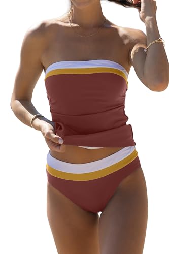 Beachsissi Damen Bauchkontrollierender Einfarbiges Trägerloses Blockfarben Tankini Set, Ziegelrot, S von Beachsissi