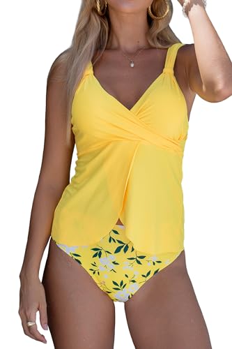 Beachsissi Damen Blumenmuster und Gedrehter Vorderseite und V-Ausschnitt Tankini Sets, Gelb, S von Beachsissi