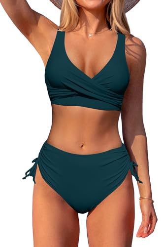 Beachsissi Damen Cross Back Badeanzüge Leopard Twist Front Bademode Kordelzug Side Bikini Sets, Blaugrün, L von Beachsissi