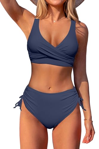 Beachsissi Damen Cross Back Badeanzüge Leopard Twist Front Bademode Kordelzug Side Bikini Sets, DunklesSchieferblau, L von Beachsissi