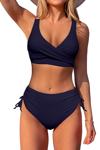 Beachsissi Damen Cross Back Badeanzüge Leopard Twist Front Bademode Kordelzug Side Bikini Sets, Mitternachtsblau, M von Beachsissi