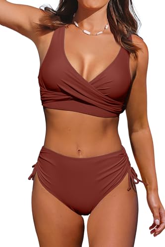 Beachsissi Damen Cross Back Badeanzüge Leopard Twist Front Bademode Kordelzug Side Bikini Sets (L, Pflaumenrot) von Beachsissi