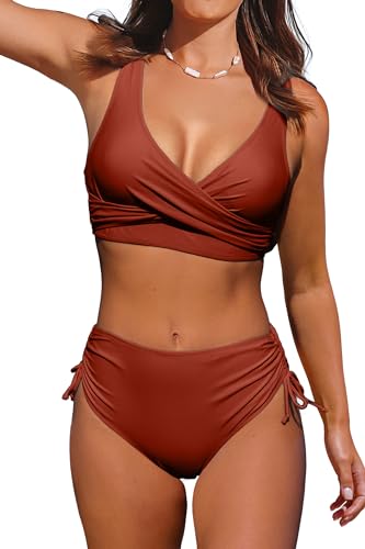 Beachsissi Damen Cross Back Badeanzüge Leopard Twist Front Bademode Kordelzug Side Bikini Sets (L, Ziegelrot) von Beachsissi