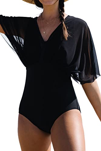 Beachsissi Damen Einteiler Mesh Patchwork Bademode, schwarz, Large von Beachsissi