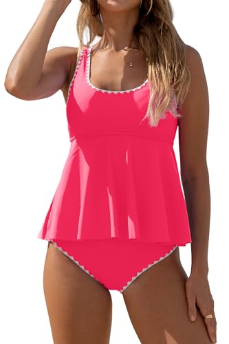 Beachsissi Damen Floral Rosa Rüschensaum Zweiteilige Badeanzüge Hohe Taille Bauchkontrolle Breite Träger Tankini Sets, HeißesRot, L von Beachsissi