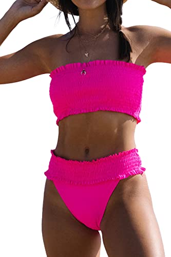 Beachsissi Damen Gesmokte Zweiteilige Badeanzüge Stringy Selvedge Solid Bikini Sets, Rosa, L von Beachsissi