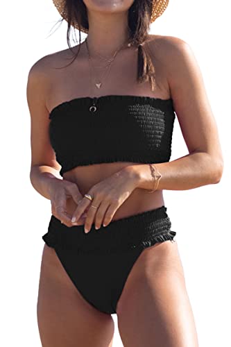 Beachsissi Damen Gesmokte Zweiteilige Badeanzüge Stringy Selvedge Solid Bikini Sets, Schwarz, M von Beachsissi