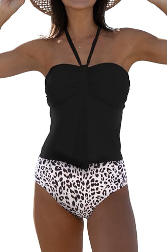 Beachsissi Damen Halfter Leopard Print Zweiteilige Bademode Hohe Taille Bauchkontrolle Tankini Sets, Leopard, M von Beachsissi