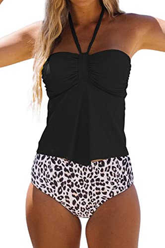 Beachsissi Damen Halfter Leopard Print Zweiteilige Bademode Hohe Taille Bauchkontrolle Tankini Sets, Leopard, XL von Beachsissi