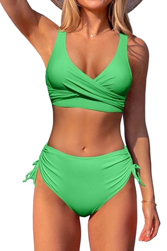 Beachsissi Damen Hoch taillierte Badeanzüge Criss Cross Drawstring Side Bikini Sets Lace Up 2 Stück Badeanzüge, Fluoreszierendes Grün, S von Beachsissi