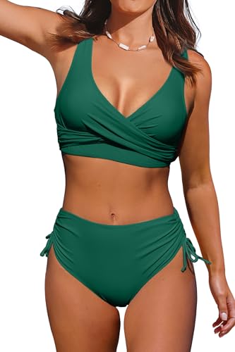 Beachsissi Damen Hoch taillierte Badeanzüge Criss Cross Drawstring Side Bikini Sets Lace Up 2 Stück Badeanzüge, Grün, L von Beachsissi