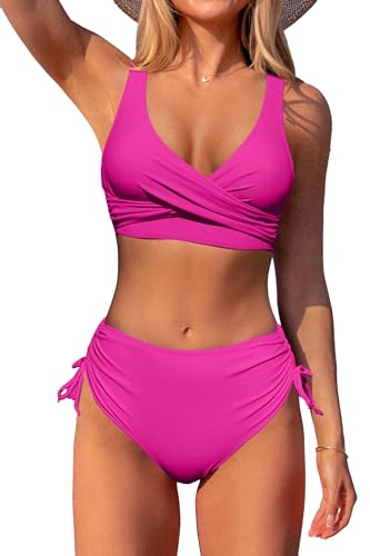 Beachsissi Damen Hoch taillierte Badeanzüge Criss Cross Drawstring Side Bikini Sets Lace Up 2 Stück Badeanzüge, Rosa, M von Beachsissi