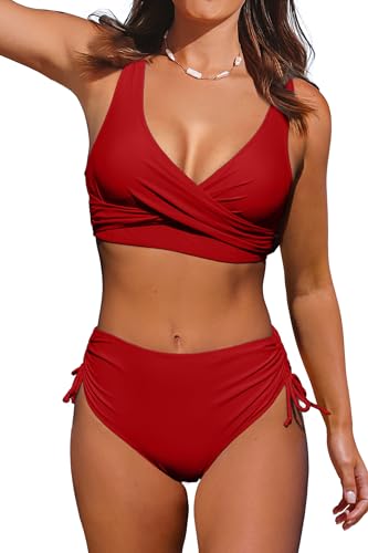 Beachsissi Damen Hoch taillierte Badeanzüge Criss Cross Drawstring Side Bikini Sets Lace Up 2 Stück Badeanzüge, Rot, L von Beachsissi