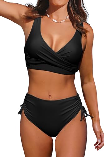 Beachsissi Damen Hoch taillierte Badeanzüge Criss Cross Drawstring Side Bikini Sets Lace Up 2 Stück Badeanzüge, Schwarz, L von Beachsissi