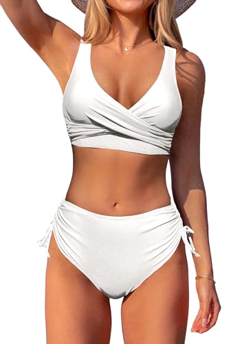 Beachsissi Damen Hoch taillierte Badeanzüge Criss Cross Drawstring Side Bikini Sets Lace Up 2 Stück Badeanzüge, Weiß, L von Beachsissi