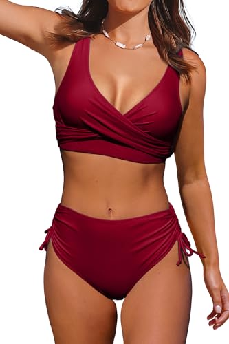 Beachsissi Damen Hoch taillierte Badeanzüge Criss Cross Drawstring Side Bikini Sets Lace Up 2 Stück Badeanzüge, Wine, M von Beachsissi