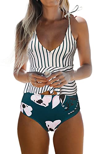 Beachsissi Damen Hoch taillierte Badeanzüge Krawatte Schulter Zweiteiler Bikini Streifen Print Rüschen Niedliche Tankini Sets, Gestreift, L von Beachsissi