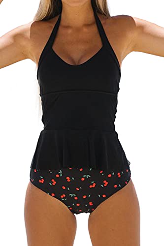 Beachsissi Damen Hoch taillierte Zweiteiler Badeanzüge Cherry Print Neckholder Tummy Control Padded Tankini Sets, Schwarz, L von Beachsissi