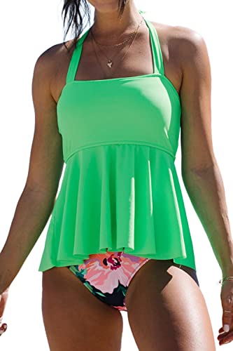 Beachsissi Damen Neckholder Hohe Taille Rüschensaum Bauchkontrolle Blumendruck Zweiteilige Tankini Sets, Grün, M von Beachsissi