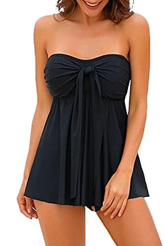 Beachsissi Damen Neckholder oder Trägerloses Bandeau Zweiteilige Bademode Solid Black Tankini Sets, Schwarz, XL von Beachsissi