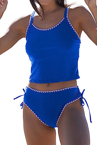 Beachsissi Damen Nette Zweiteiliger Badeanzug Weiß Trim Lace Up Tankini Set, Blau, Medium von Beachsissi