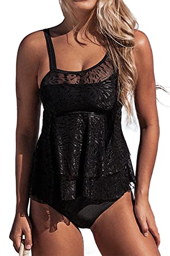 Beachsissi Damen Solides Mehrlagigem Rüschen Spitzen Patchwork Tankini Sets, Schwarz, S von Beachsissi
