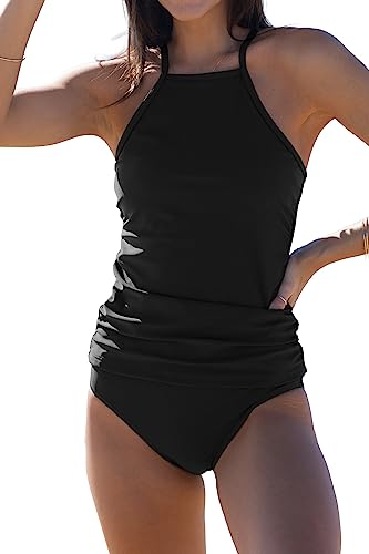 Beachsissi Damen Tankini gerafftes Design Bauchkontrolle Badeanzüge, Einfarbig, XL von Beachsissi