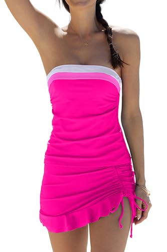 Beachsissi Damen Trägerloses Bandeau Top Farbblock Kordelzug Tankini Set, Dunkelrosa, M von Beachsissi