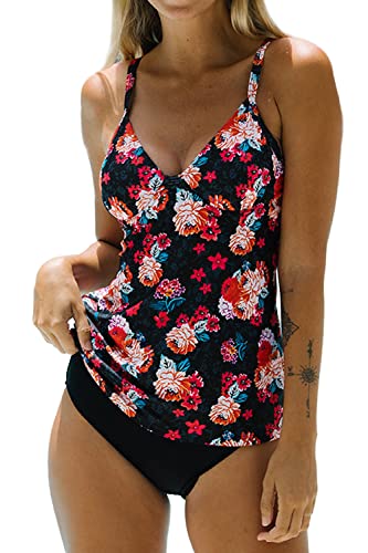 Beachsissi Damen V Ausschnitt Badeanzüge Blumendruck Verstellbar Niedlich Tankini Set, schwarz, Large von Beachsissi