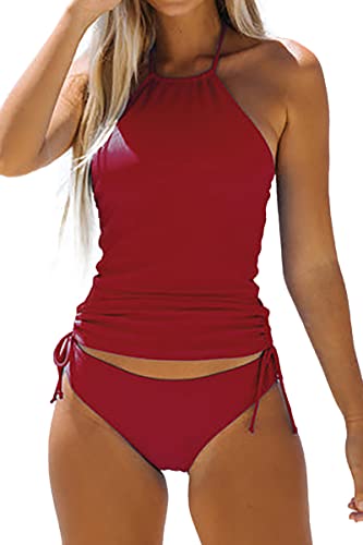 Beachsissi Damen Weinrot Badeanzüge Kordelzug Seitliche Bademode Neckholder Zweiteiliges Tankini-Set, Weinrot, L von Beachsissi