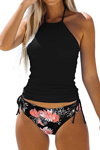 Beachsissi Damen Zweiteiler Badeanzüge Gepolsterter Kordelzug Seitliche Bademode Neckholder Leopard Print Tankini Sets, Blumen, S von Beachsissi