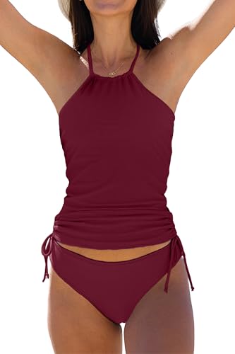 Beachsissi Damen Zweiteiler Badeanzüge Gepolsterter Kordelzug Seitliche Bademode Neckholder Leopard Print Tankini Sets, Dunkelrot, L von Beachsissi