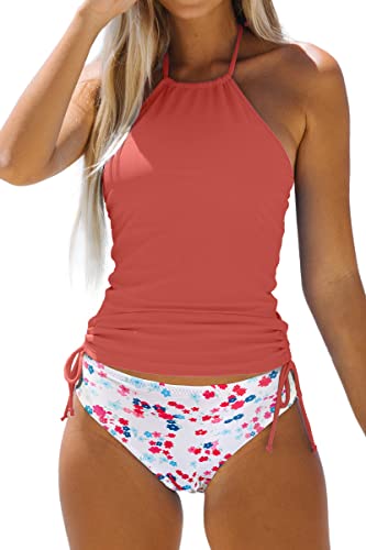 Beachsissi Damen Zweiteiler Badeanzüge Gepolsterter Kordelzug Seitliche Bademode Neckholder Leopard Print Tankini Sets, Koralle, L von Beachsissi
